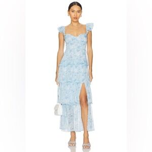 New Astr Midsummer Floral Tiered Maxi Dress Blue Floral Size XL